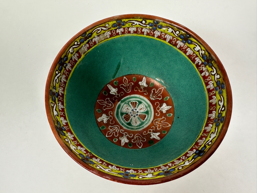 Antique Chinese Hand Painted Thai Benjarong Polychrome Porcelain Bowl With Wooden Stand 4.25W X 2.25H [Photo 8]