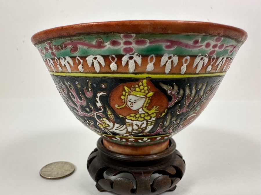 Antique Chinese Hand Painted Thai Benjarong Polychrome Porcelain Bowl With Wooden Stand 4.25W X 2.25H [Photo 6]