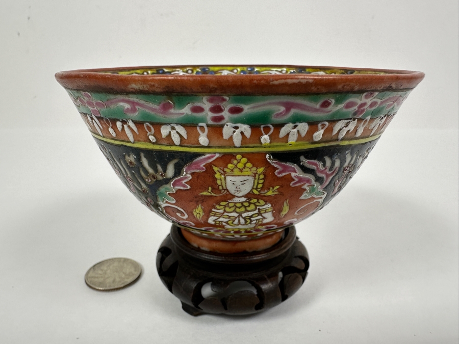 Antique Chinese Hand Painted Thai Benjarong Polychrome Porcelain Bowl With Wooden Stand 4.25W X 2.25H [Photo 3]