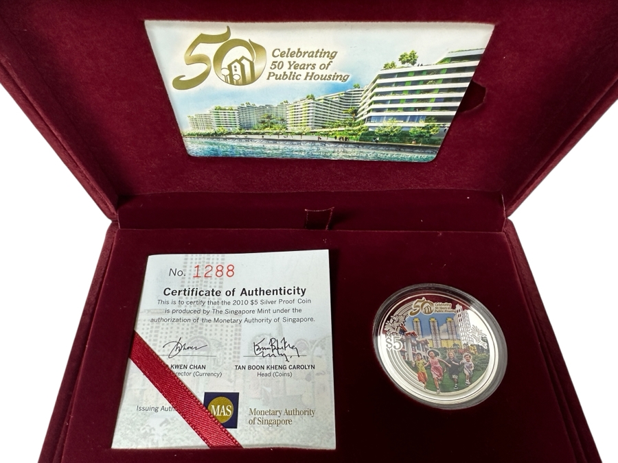 Rare .999 Fine Silver $5 Dollar Proof Coin 2010 Celebrating 50 Years Of Public Housing In Singaport From The Singapore Mint Limited To 8,000 Coins 20g [Photo 1]