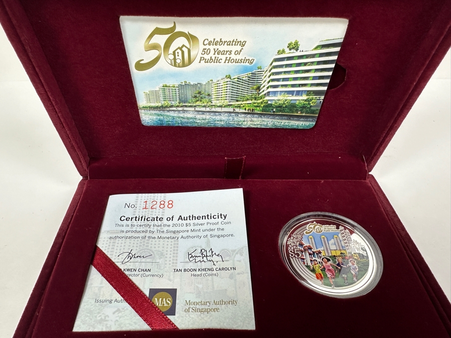 Rare .999 Fine Silver $5 Dollar Proof Coin 2010 Celebrating 50 Years Of Public Housing In Singaport From The Singapore Mint Limited To 8,000 Coins 20g [Photo 2]