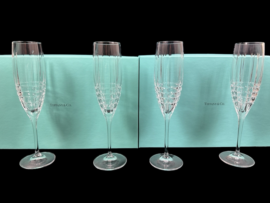 (4) Tiffany & Co. Crystal Champagne Flutes Plaid With Original Tiffany & Co. Boxes 9 1/8'H [Photo 1]