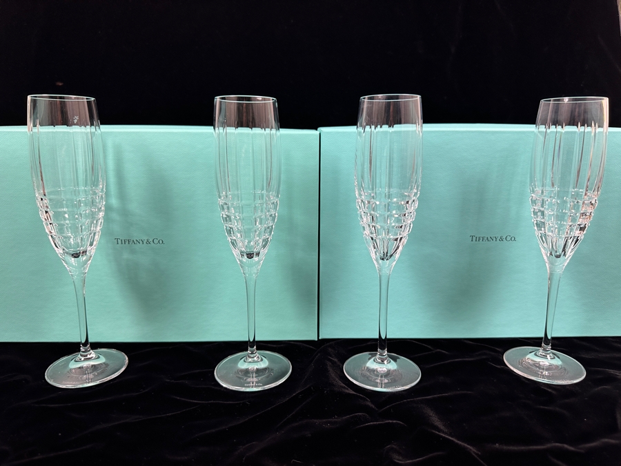 (4) Tiffany & Co. Crystal Champagne Flutes Plaid With Original Tiffany & Co. Boxes 9 1/8'H [Photo 3]