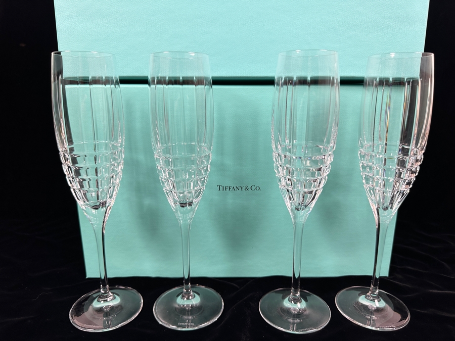 (4) Tiffany & Co. Crystal Champagne Flutes Plaid With Original Tiffany & Co. Boxes 9 1/8'H [Photo 4]