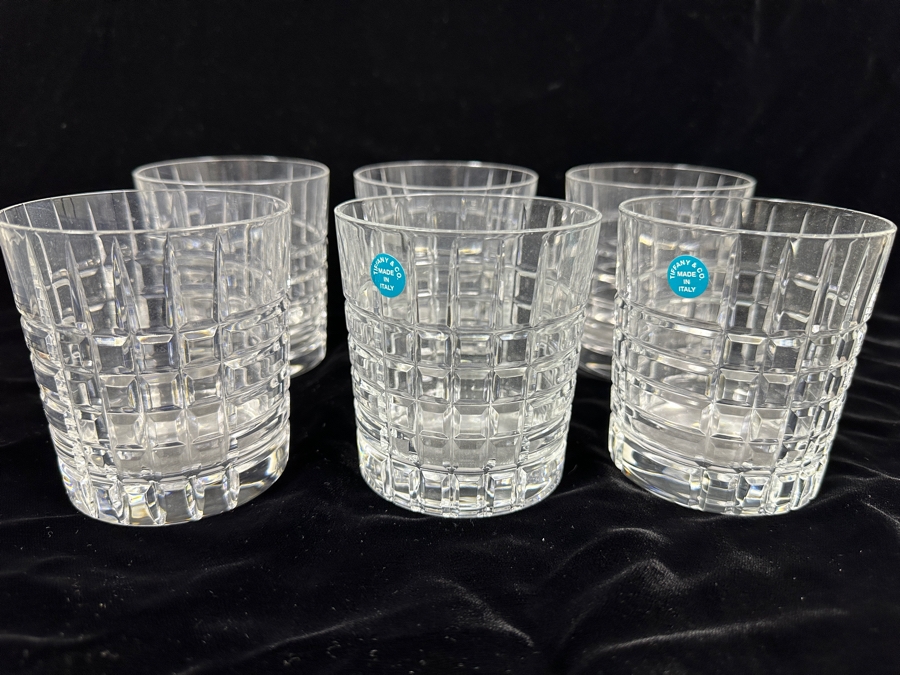 (6) Tiffany & Co. Crystal Plaid Double Old Fashioned Glasses Mostly New With Tags 3 5/8'H [Photo 3]