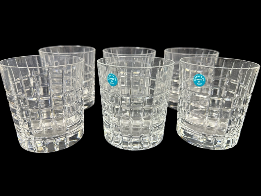 (6) Tiffany & Co. Crystal Plaid Double Old Fashioned Glasses Mostly New With Tags 3 5/8'H [Photo 1]