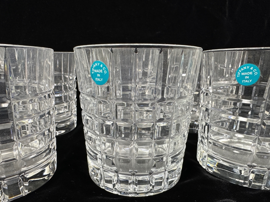 (6) Tiffany & Co. Crystal Plaid Double Old Fashioned Glasses Mostly New With Tags 3 5/8'H [Photo 4]