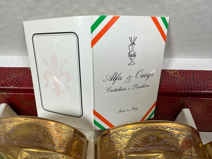 (6) New 24K Gold Rim Alfa & Omega Crystal Stemware Glasses Murano Italy In Original Box 7H [Photo 5]