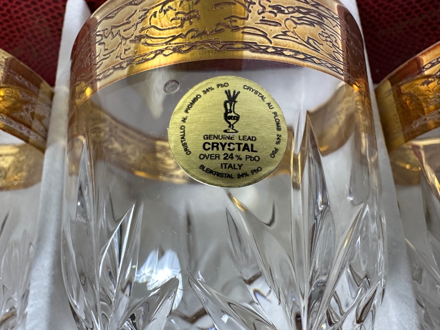 (6) New 24K Gold Rim Alfa & Omega Crystal Stemware Glasses Murano Italy In Original Box 7H [Photo 8]
