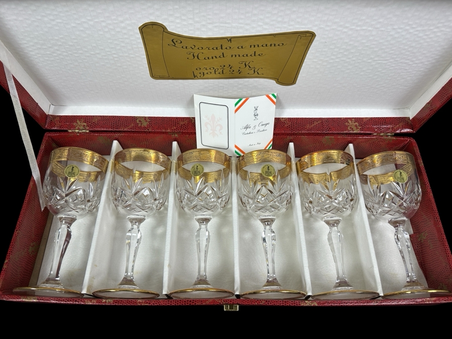 (6) New 24K Gold Rim Alfa & Omega Crystal Stemware Glasses Murano Italy In Original Box 7H