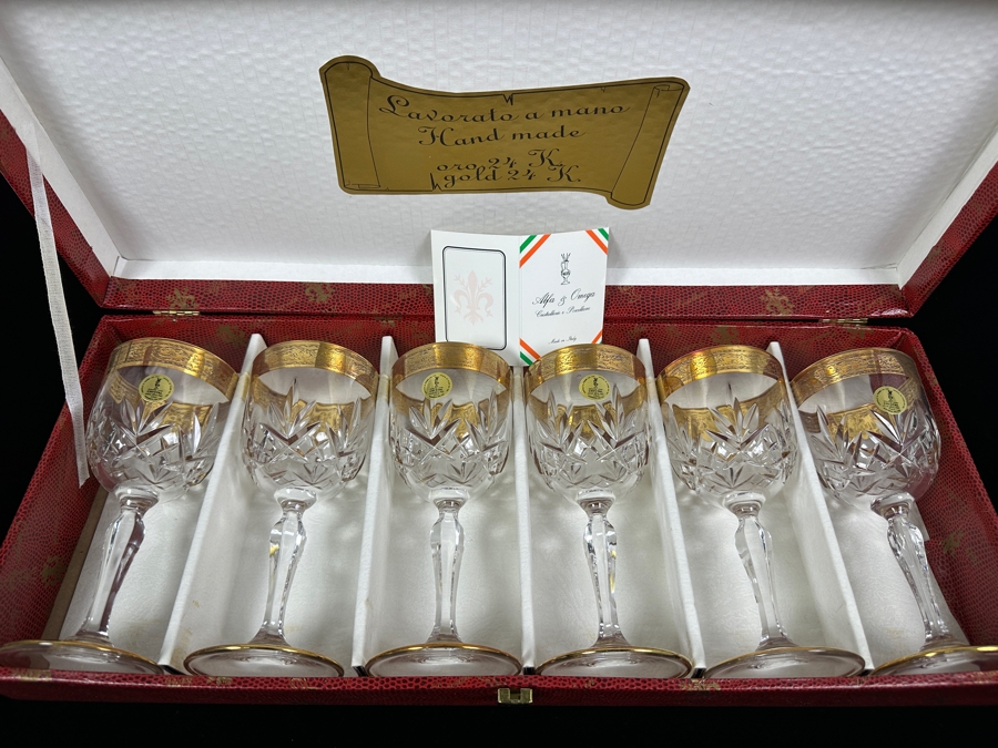 (6) New 24K Gold Rim Alfa & Omega Crystal Stemware Glasses Murano Italy In Original Box 7H [Photo 2]