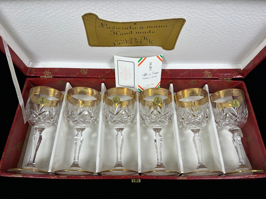 (6) New 24K Gold Rim Alfa & Omega Crystal Stemware Glasses Murano Italy In Original Box 7H [Photo 3]