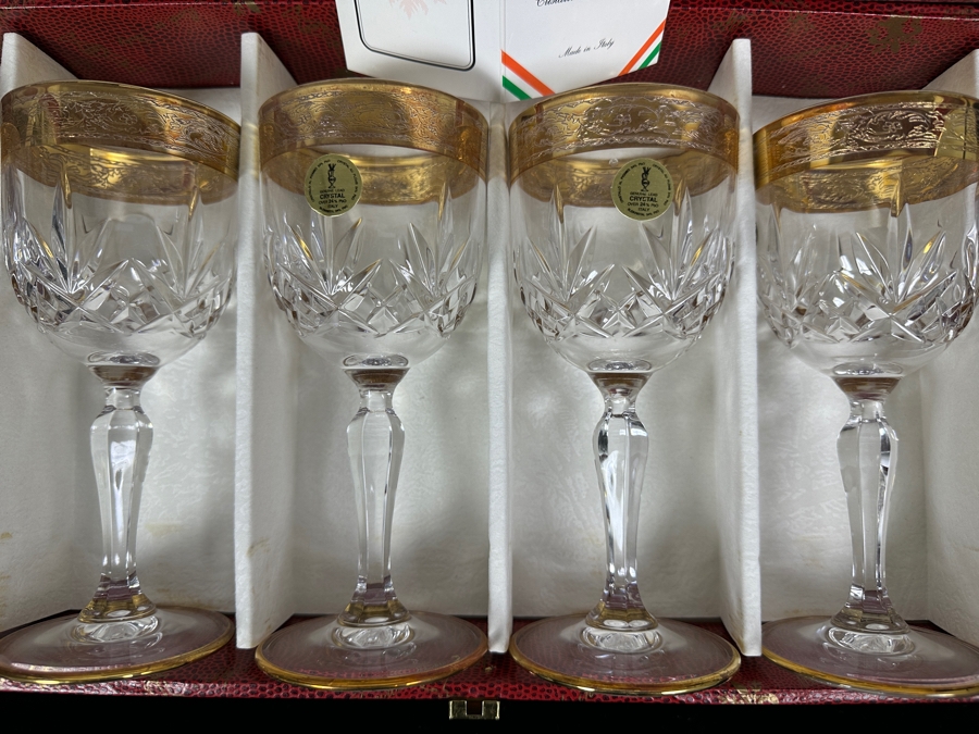 (6) New 24K Gold Rim Alfa & Omega Crystal Stemware Glasses Murano Italy In Original Box 7H [Photo 4]
