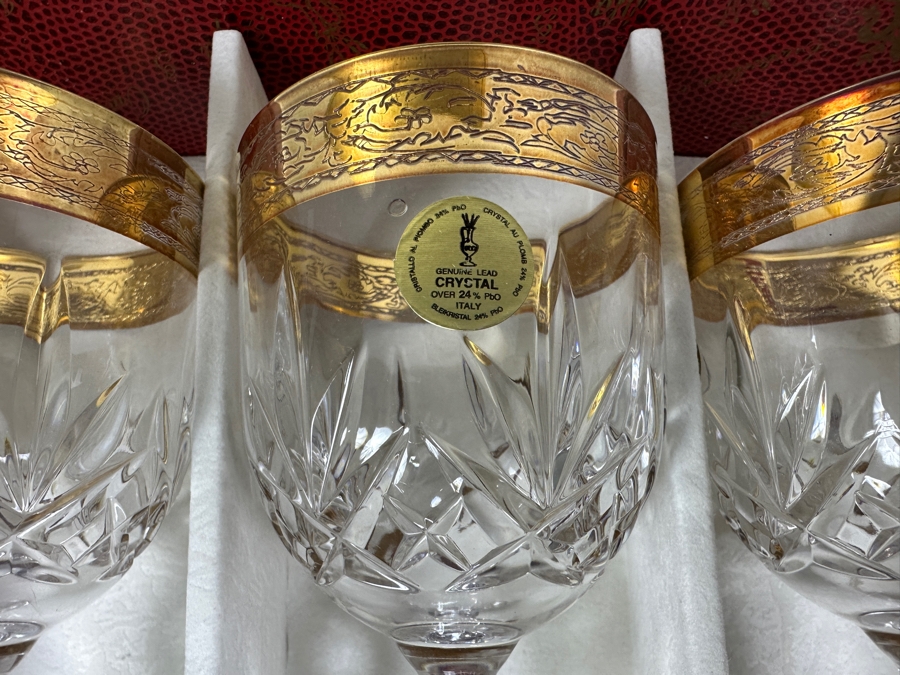 (6) New 24K Gold Rim Alfa & Omega Crystal Stemware Glasses Murano Italy In Original Box 7H [Photo 7]