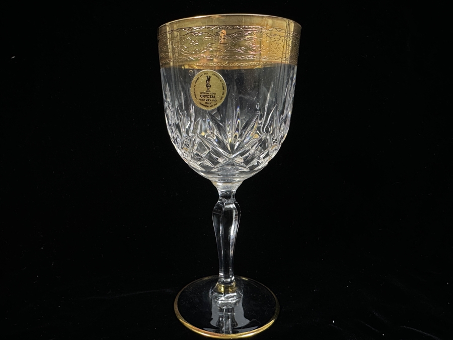 (6) New 24K Gold Rim Alfa & Omega Crystal Stemware Glasses Murano Italy In Original Box 7H [Photo 11]