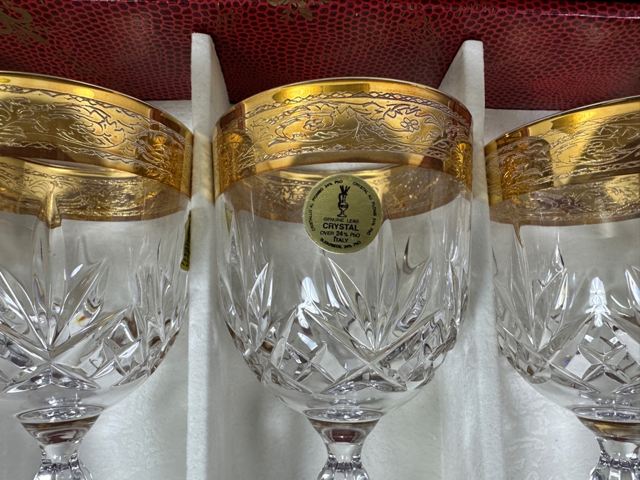 (6) New 24K Gold Rim Alfa & Omega Crystal Stemware Glasses Murano Italy In Original Box 7H [Photo 4]