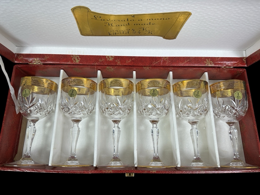 (6) New 24K Gold Rim Alfa & Omega Crystal Stemware Glasses Murano Italy In Original Box 7H
