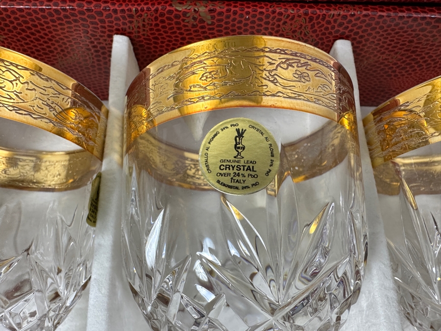 (6) New 24K Gold Rim Alfa & Omega Crystal Stemware Glasses Murano Italy In Original Box 7H [Photo 5]