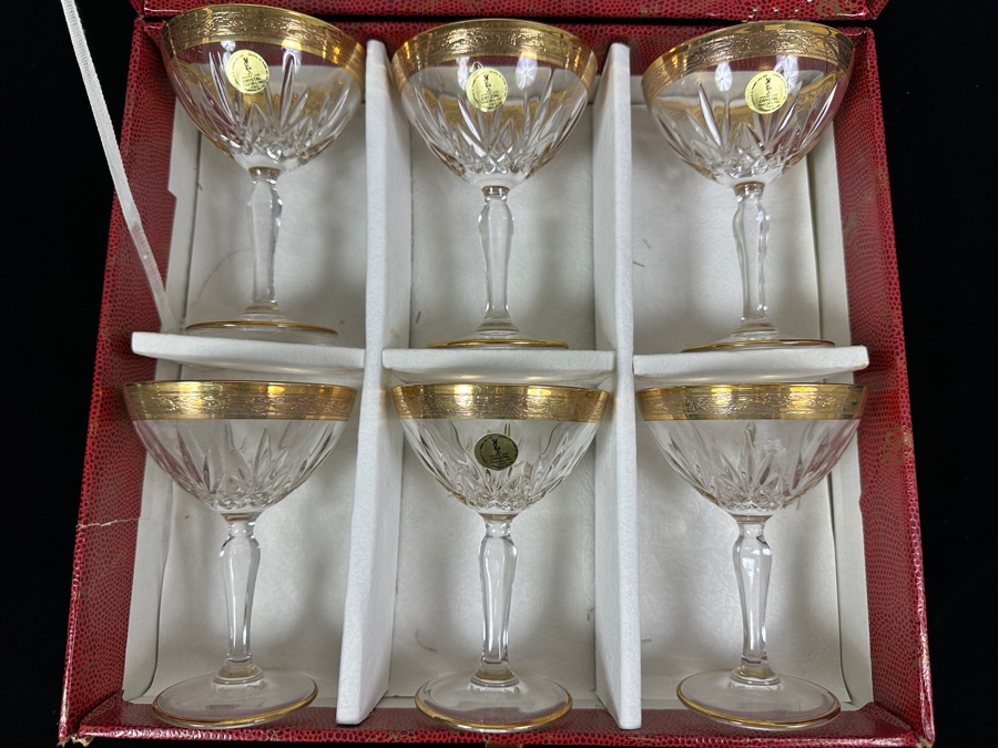 (6) New 24K Gold Rim Alfa & Omega Crystal Stemware Glasses Murano Italy In Original Box 5.5H [Photo 2]