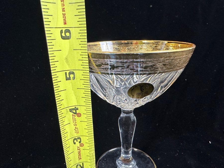 (6) New 24K Gold Rim Alfa & Omega Crystal Stemware Glasses Murano Italy In Original Box 5.5H [Photo 10]