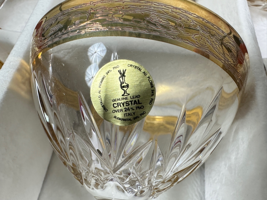 (6) New 24K Gold Rim Alfa & Omega Crystal Stemware Glasses Murano Italy In Original Box 5.5H [Photo 6]