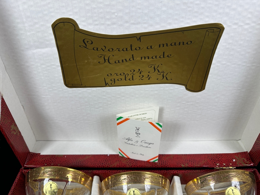 (6) New 24K Gold Rim Alfa & Omega Crystal Stemware Glasses Murano Italy In Original Box 5.5H [Photo 3]