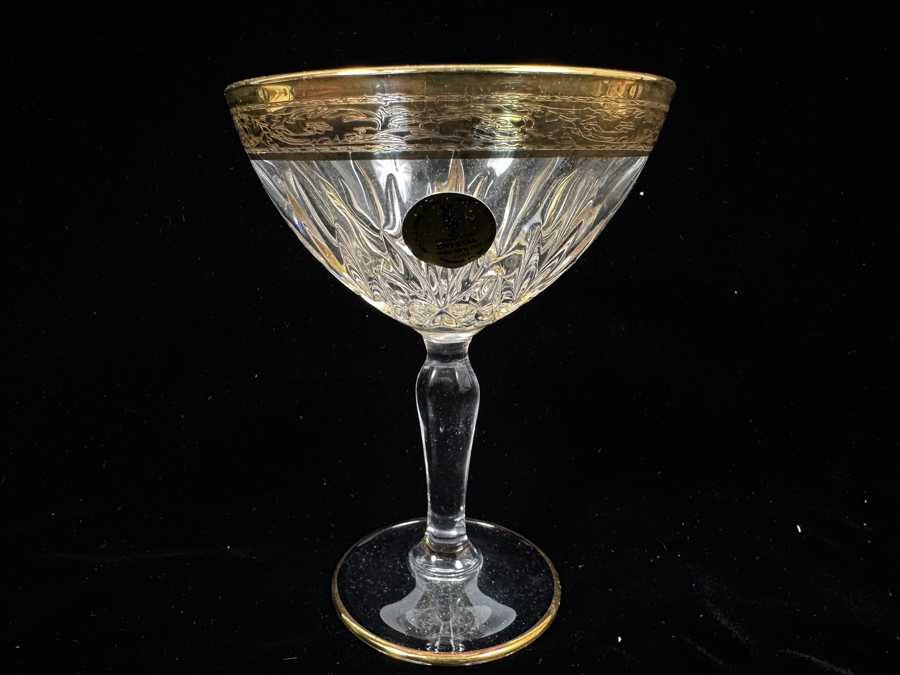 (6) New 24K Gold Rim Alfa & Omega Crystal Stemware Glasses Murano Italy In Original Box 5.5H [Photo 7]