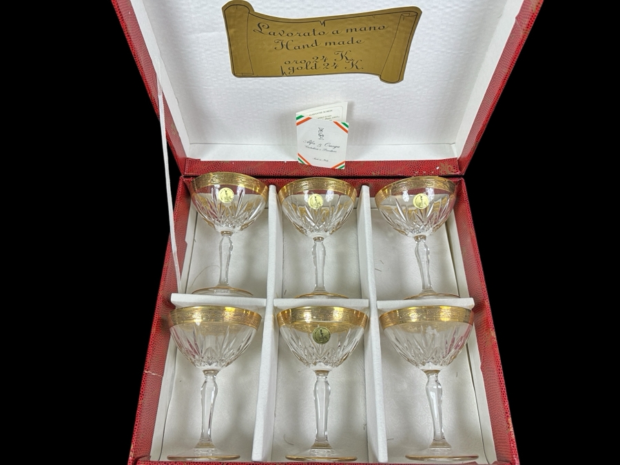 (6) New 24K Gold Rim Alfa & Omega Crystal Stemware Glasses Murano Italy In Original Box 5.5H