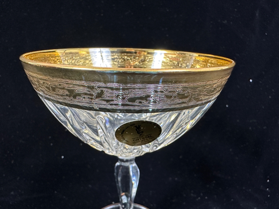 (6) New 24K Gold Rim Alfa & Omega Crystal Stemware Glasses Murano Italy In Original Box 5.5H [Photo 8]