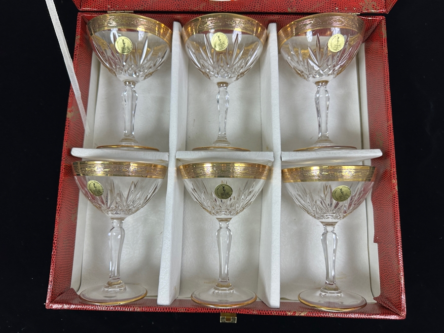 (6) New 24K Gold Rim Alfa & Omega Crystal Stemware Glasses Murano Italy In Original Box 5.5H [Photo 2]