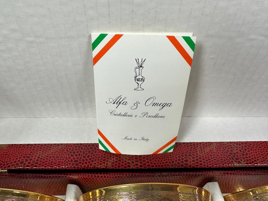 (6) New 24K Gold Rim Alfa & Omega Crystal Stemware Glasses Murano Italy In Original Box 5.5H [Photo 4]