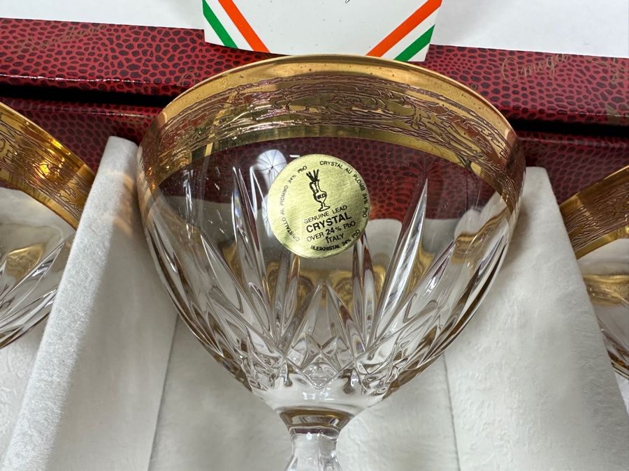 (6) New 24K Gold Rim Alfa & Omega Crystal Stemware Glasses Murano Italy In Original Box 5.5H [Photo 3]
