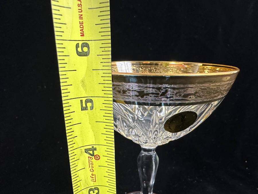 (6) New 24K Gold Rim Alfa & Omega Crystal Stemware Glasses Murano Italy In Original Box 5.5H [Photo 9]