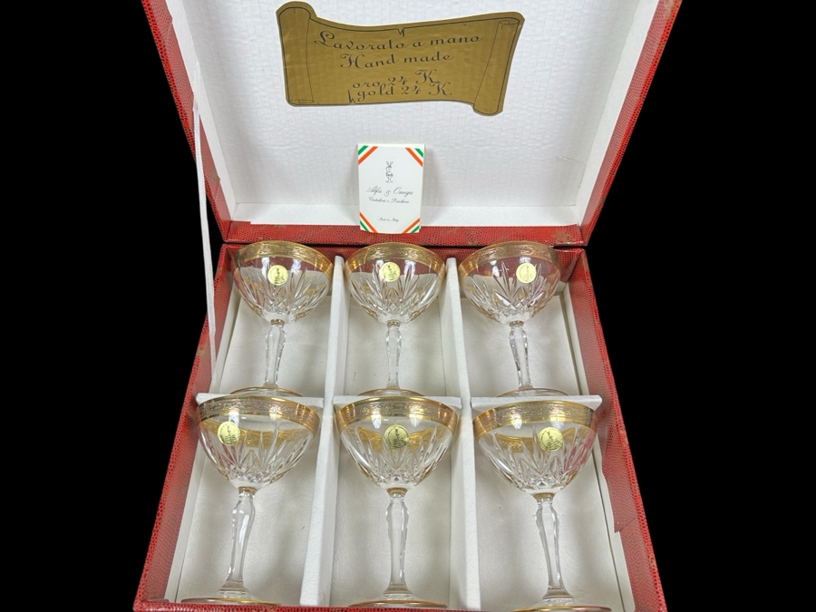 (6) New 24K Gold Rim Alfa & Omega Crystal Stemware Glasses Murano Italy In Original Box 5.5H