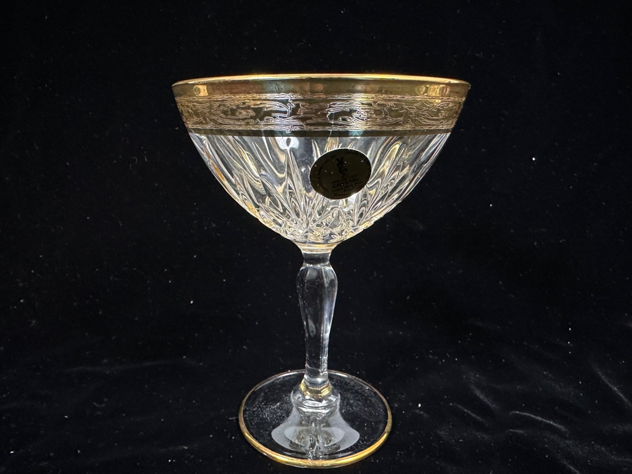 (6) New 24K Gold Rim Alfa & Omega Crystal Stemware Glasses Murano Italy In Original Box 5.5H [Photo 7]