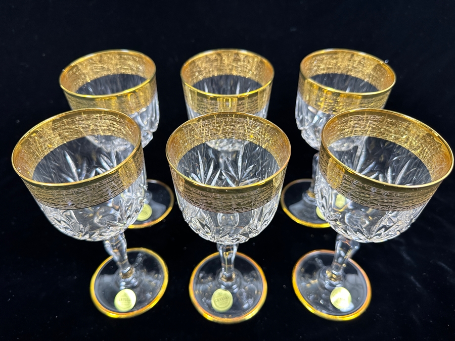 (6) New 24K Gold Rim Alfa & Omega Crystal Stemware Glasses Murano Italy In Original Box 6.25H [Photo 7]