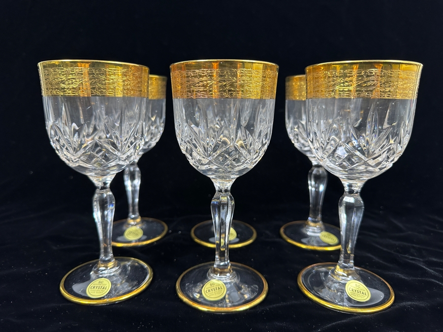 (6) New 24K Gold Rim Alfa & Omega Crystal Stemware Glasses Murano Italy In Original Box 6.25H [Photo 5]