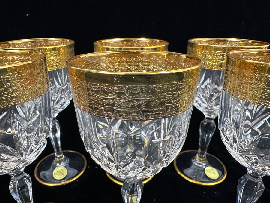 (6) New 24K Gold Rim Alfa & Omega Crystal Stemware Glasses Murano Italy In Original Box 6.25H [Photo 6]