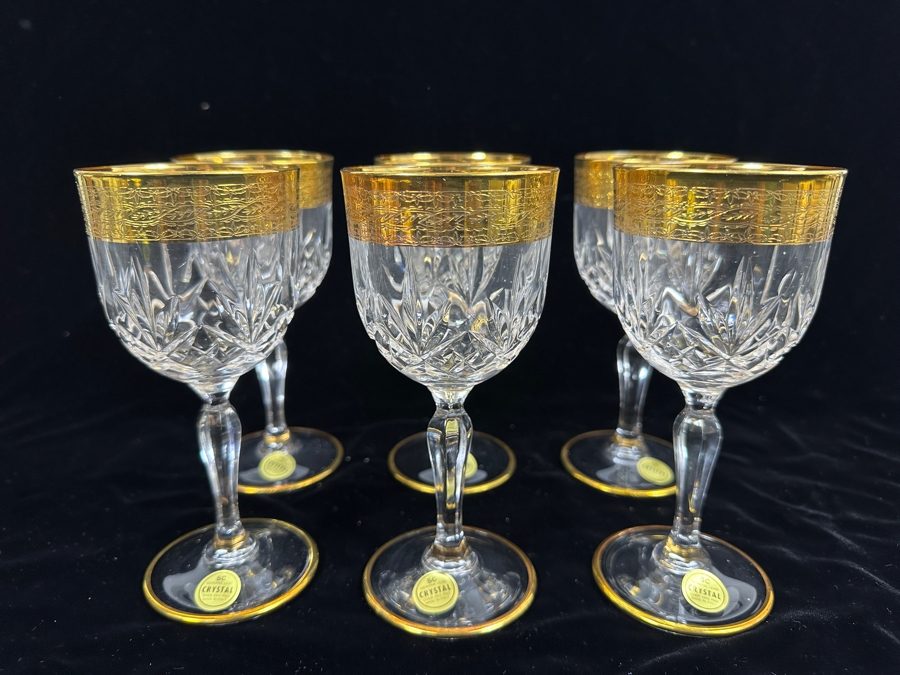 (6) New 24K Gold Rim Alfa & Omega Crystal Stemware Glasses Murano Italy In Original Box 6.25H [Photo 4]