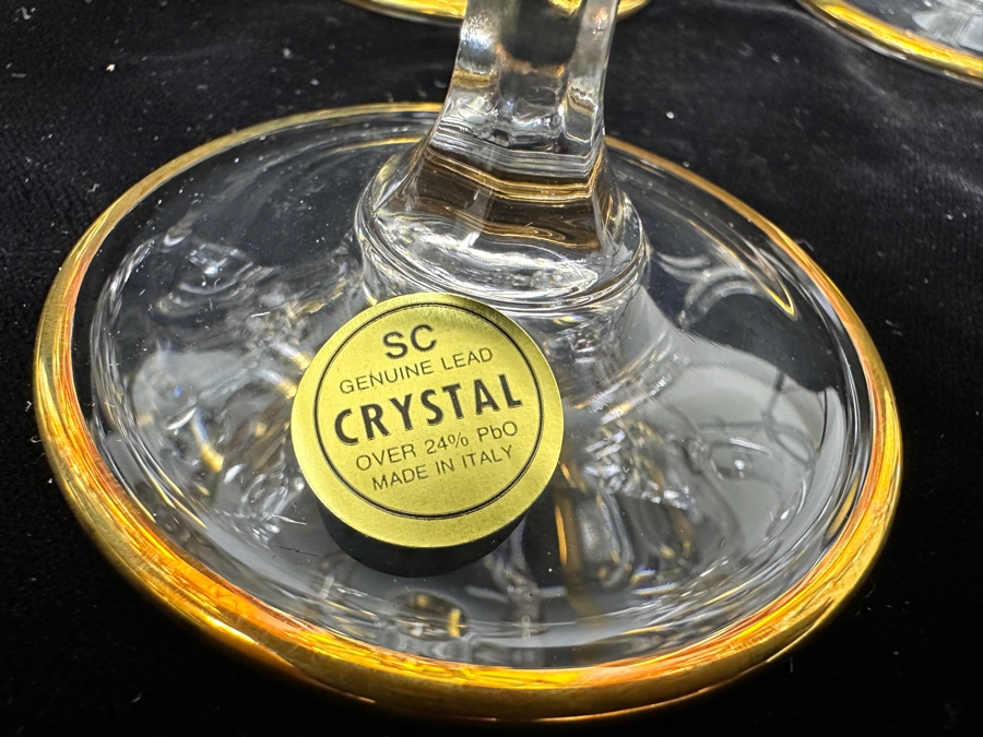 (6) New 24K Gold Rim Alfa & Omega Crystal Stemware Glasses Murano Italy In Original Box 6.25H [Photo 8]