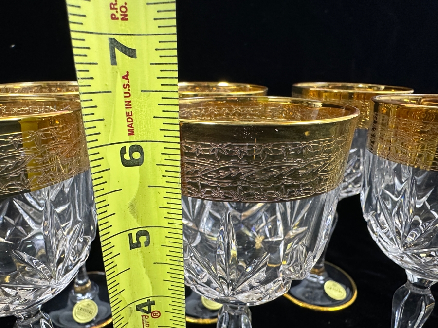 (6) New 24K Gold Rim Alfa & Omega Crystal Stemware Glasses Murano Italy In Original Box 6.25H [Photo 9]