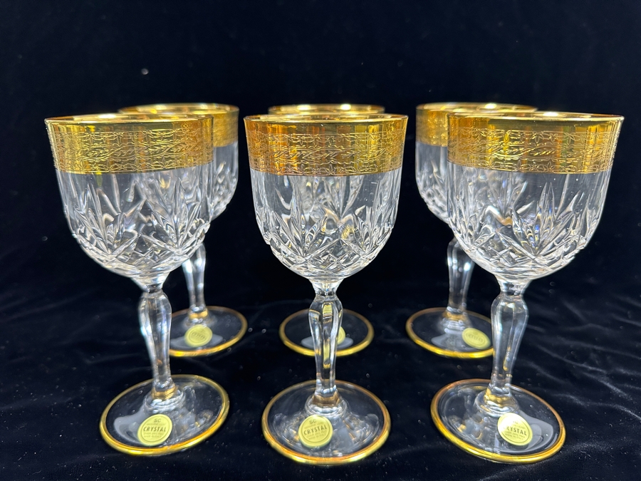 (6) New 24K Gold Rim Alfa & Omega Crystal Stemware Glasses Murano Italy In Original Box 6.25H [Photo 3]