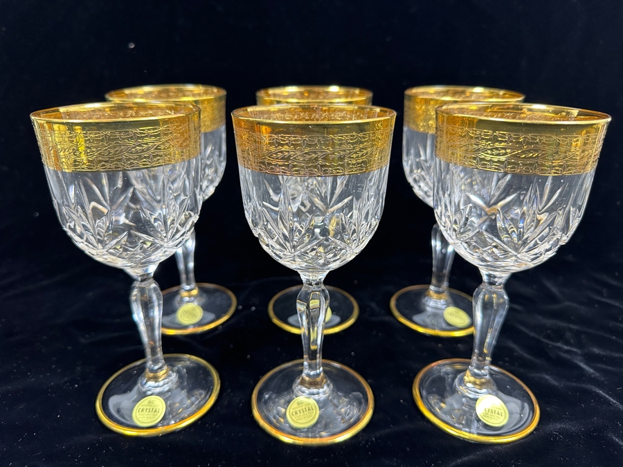 (6) New 24K Gold Rim Alfa & Omega Crystal Stemware Glasses Murano Italy In Original Box 6.25H [Photo 2]