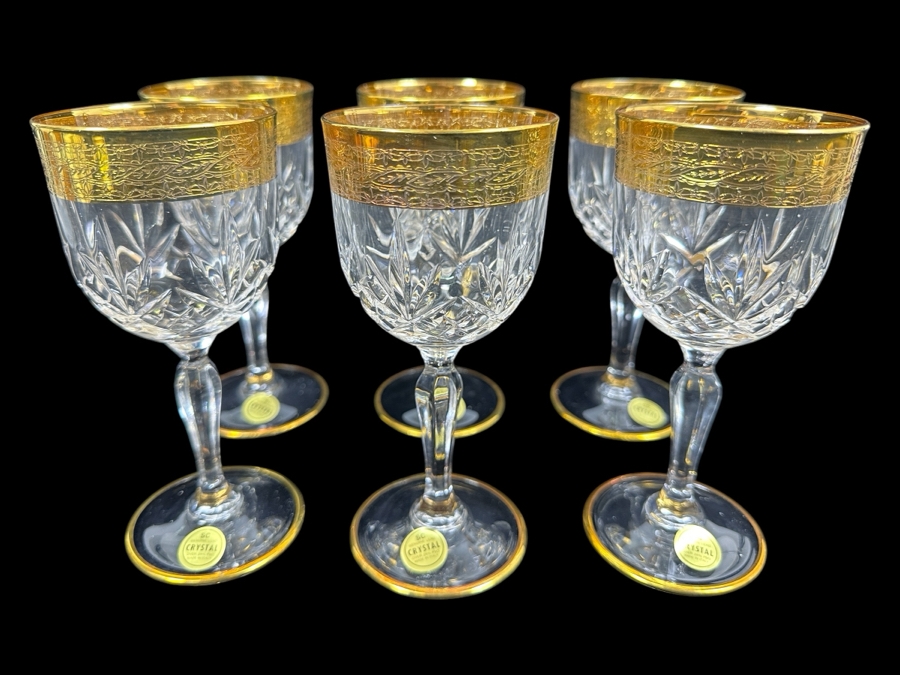 (6) New 24K Gold Rim Alfa & Omega Crystal Stemware Glasses Murano Italy In Original Box 6.25H