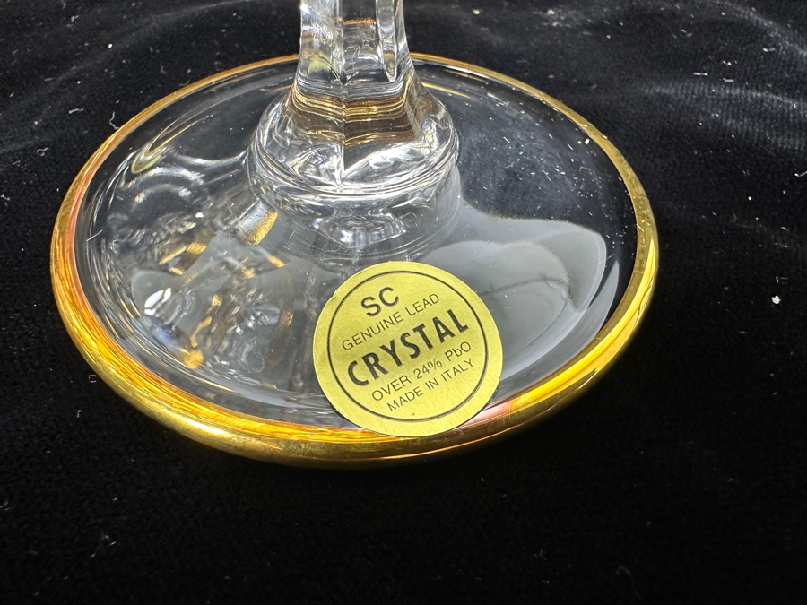 (6) New 24K Gold Rim Alfa & Omega Crystal Stemware Glasses Murano Italy In Original Box 6.5H [Photo 8]