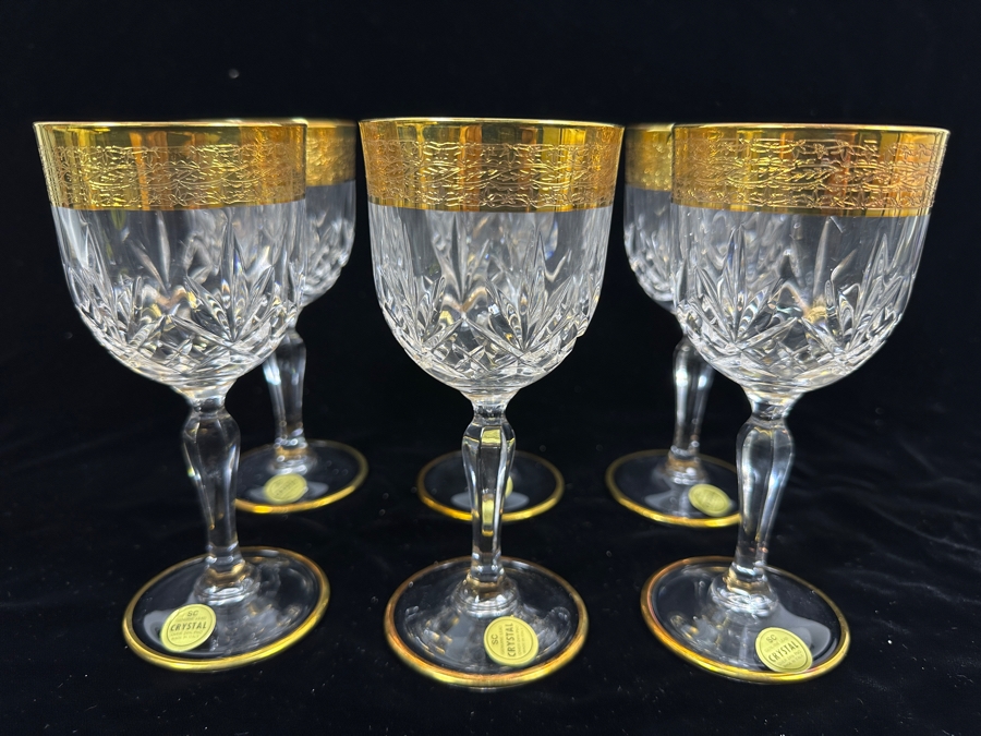 (6) New 24K Gold Rim Alfa & Omega Crystal Stemware Glasses Murano Italy In Original Box 6.5H [Photo 4]