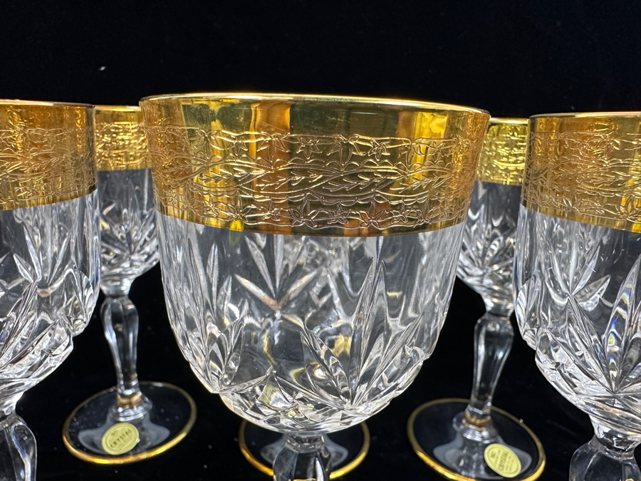 (6) New 24K Gold Rim Alfa & Omega Crystal Stemware Glasses Murano Italy In Original Box 6.5H [Photo 6]