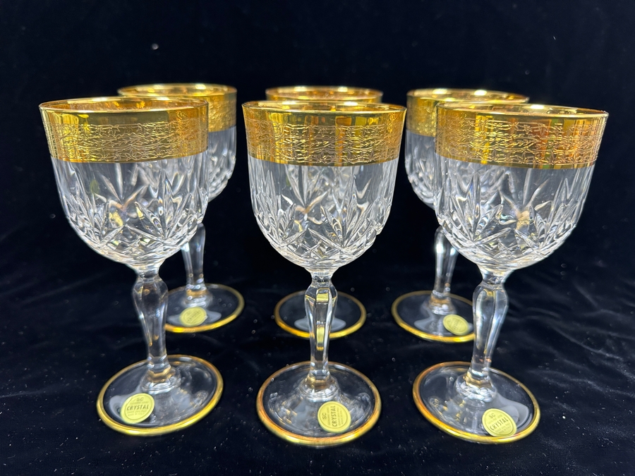 (6) New 24K Gold Rim Alfa & Omega Crystal Stemware Glasses Murano Italy In Original Box 6.5H [Photo 2]