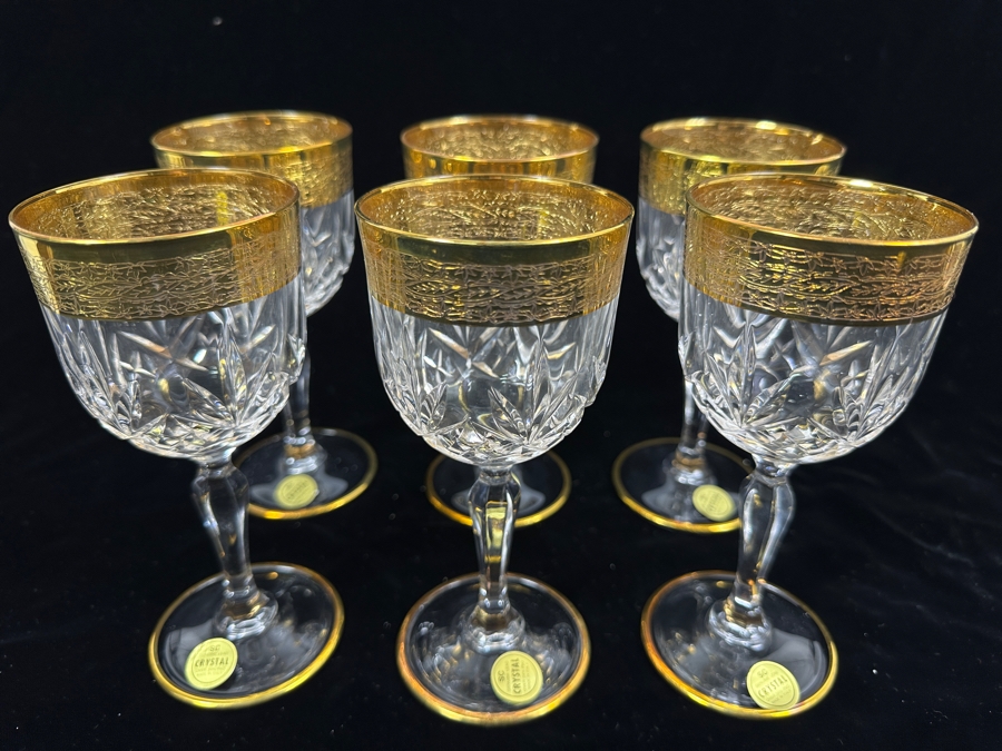 (6) New 24K Gold Rim Alfa & Omega Crystal Stemware Glasses Murano Italy In Original Box 6.5H [Photo 5]