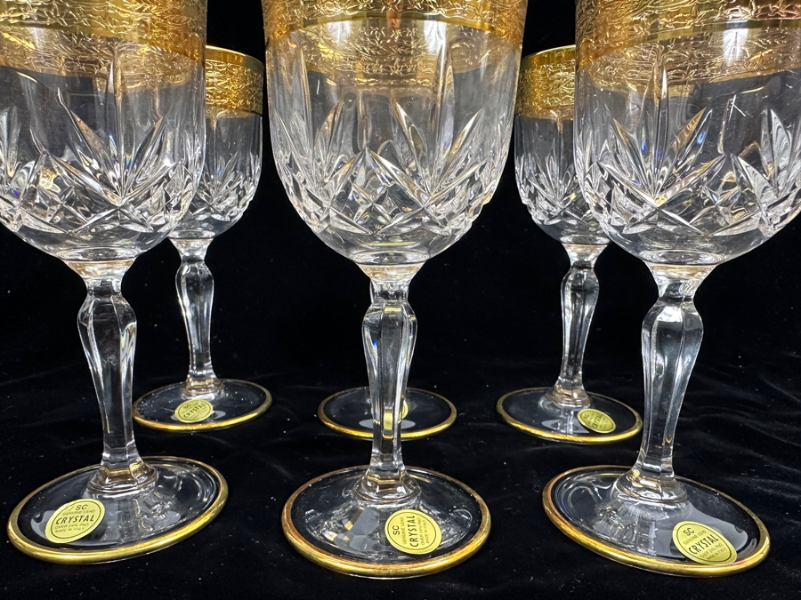 (6) New 24K Gold Rim Alfa & Omega Crystal Stemware Glasses Murano Italy In Original Box 6.5H [Photo 7]